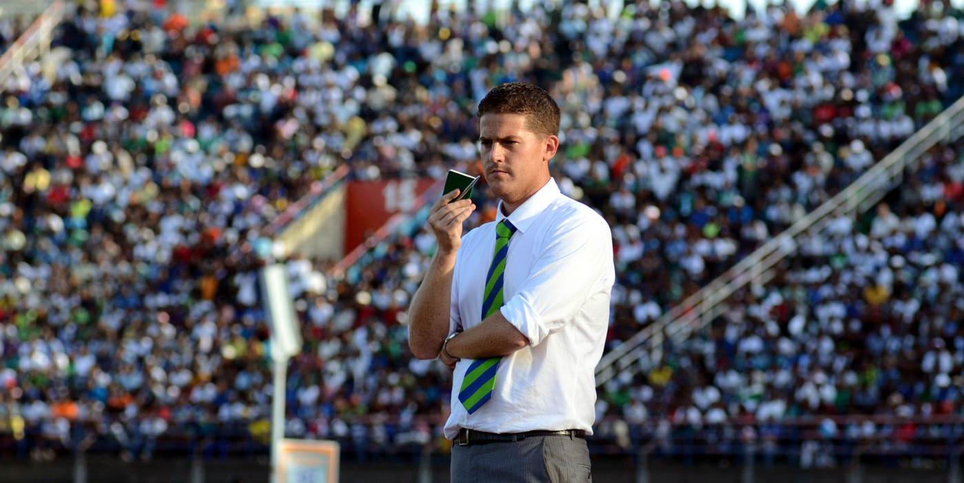 Leone Stars Head Coach Johnny McKinstry looks on as the Leone Stars maintain their lead over Tunisia, June 2013 (Pic: Darren McKinstry)