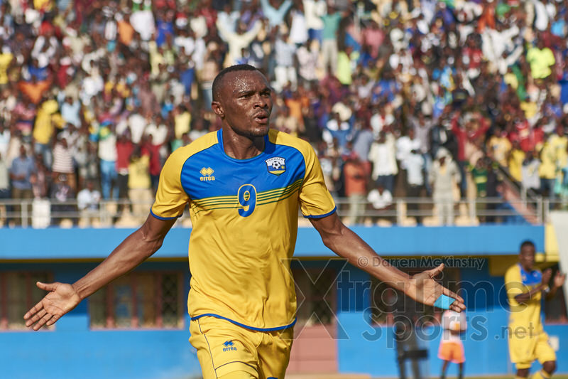 Jacques Tuyisenge celebrates the first of his two goals against Mozambique
