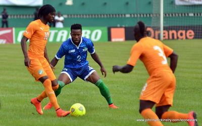 Mustpaha Dumbuya [Leone Stars v Ivory Coast, 6 September 2014 (Pic © Darren McKinstry / www.johnnymckinstry.com)]