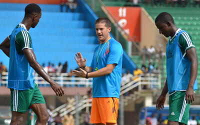 Coach McKinstry speaking with Khalifa Jabbie and Sulaiman Sesay  [Training Camp ahead of Leone Stars v Swaziland Game on 31 May 2014 (Pic: Darren McKinstry)]